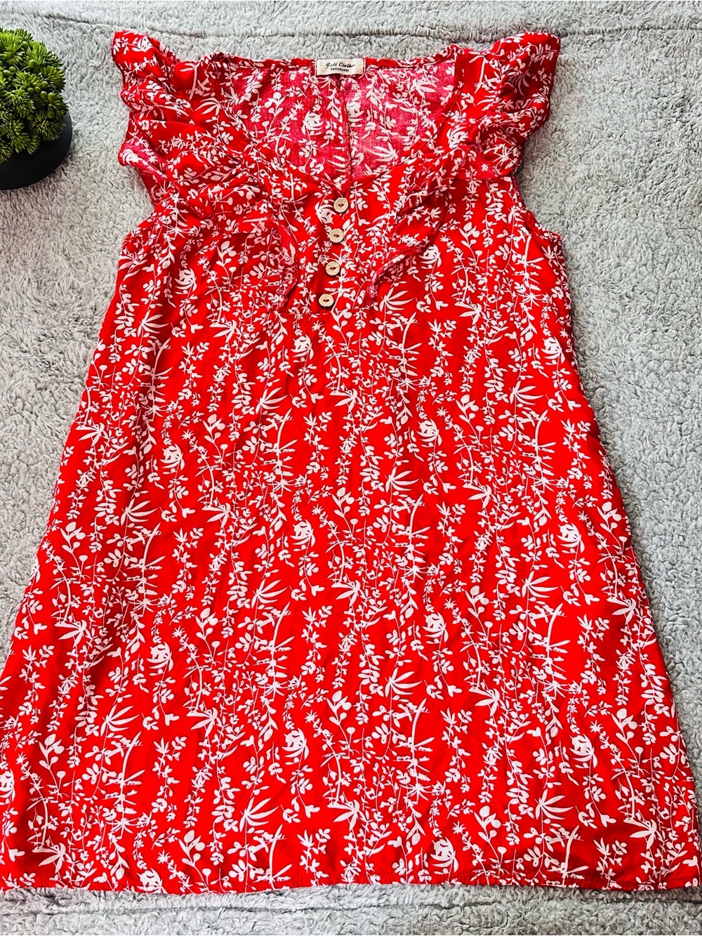 🌺 Cottagecore Boho Floral Ruffle Mini Dress Rayon Red White Button Front